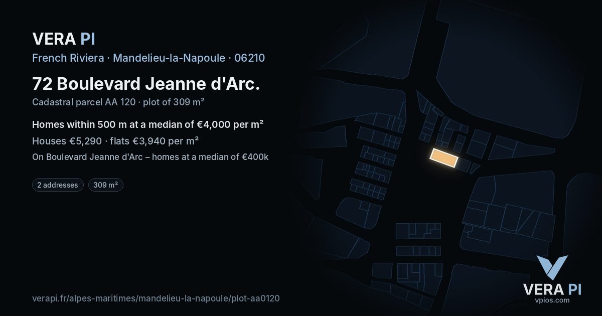 72 Boulevard Jeanne d'Arc, Mandelieu-la-Napoule at night – the plot lit, the parcels around coloured by the prices near them