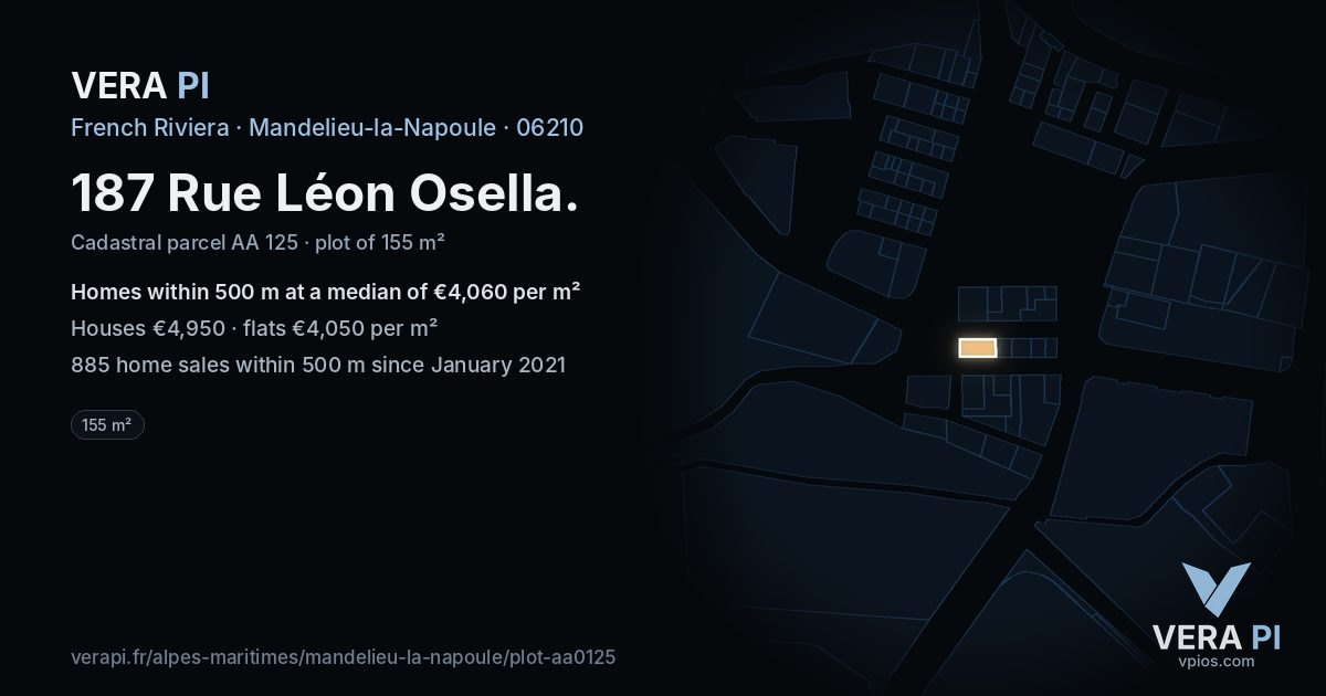 187 Rue Léon Osella, Mandelieu-la-Napoule at night – the plot lit, the parcels around coloured by the prices near them