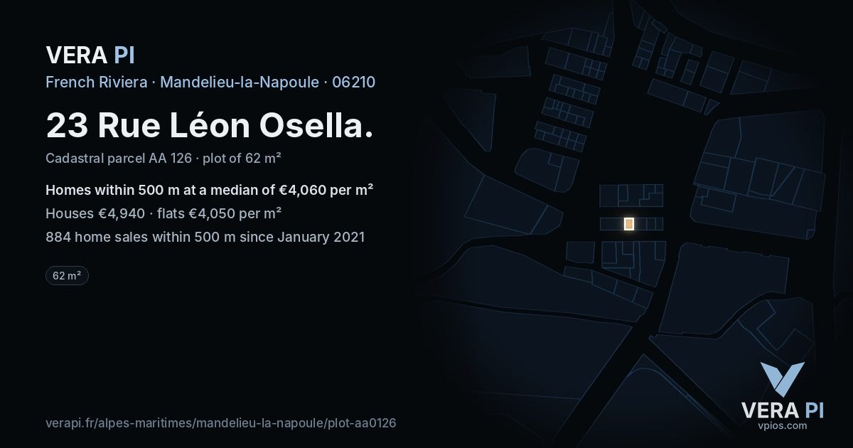 23 Rue Léon Osella, Mandelieu-la-Napoule at night – the plot lit, the parcels around coloured by the prices near them