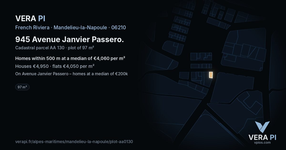 945 Avenue Janvier Passero, Mandelieu-la-Napoule at night – the plot lit, the parcels around coloured by the prices near them