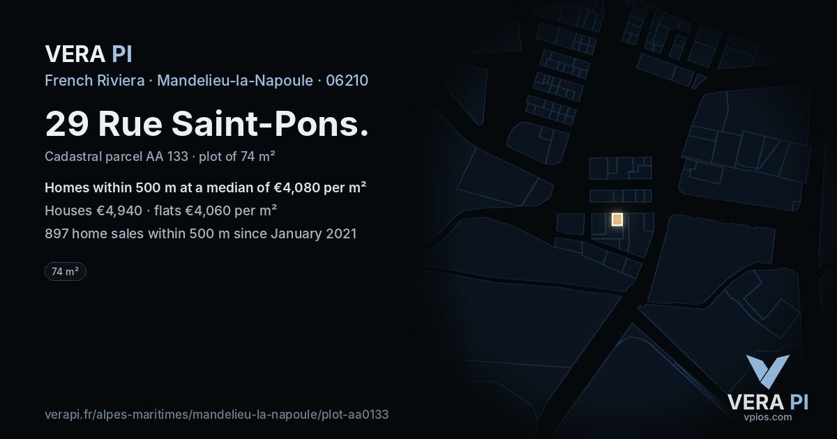 29 Rue Saint-Pons, Mandelieu-la-Napoule at night – the plot lit, the parcels around coloured by the prices near them