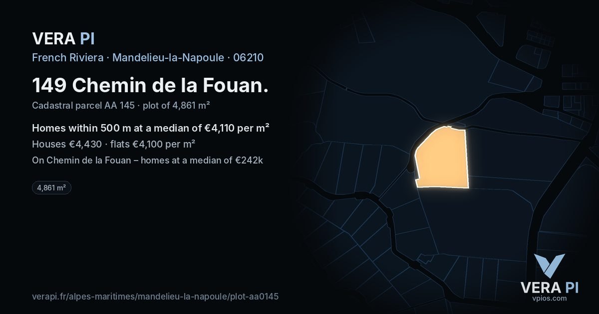 149 Chemin de la Fouan, Mandelieu-la-Napoule at night – the plot lit, the parcels around coloured by the prices near them