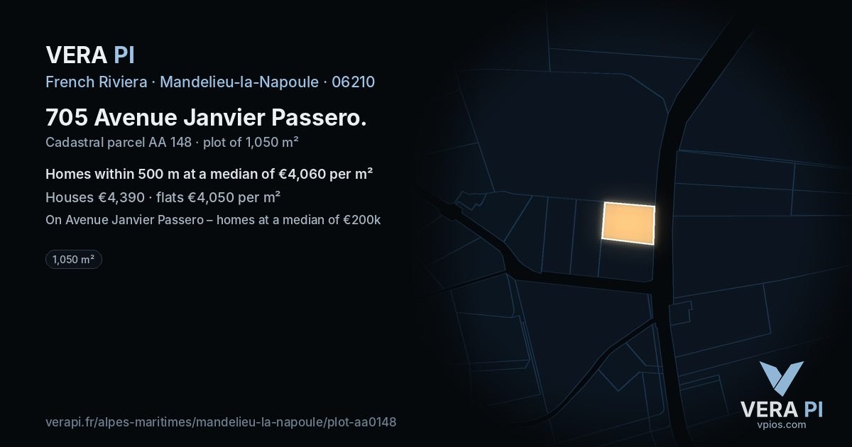 705 Avenue Janvier Passero, Mandelieu-la-Napoule at night – the plot lit, the parcels around coloured by the prices near them