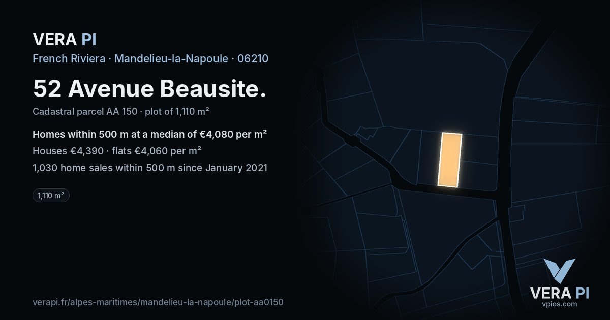 52 Avenue Beausite, Mandelieu-la-Napoule at night – the plot lit, the parcels around coloured by the prices near them