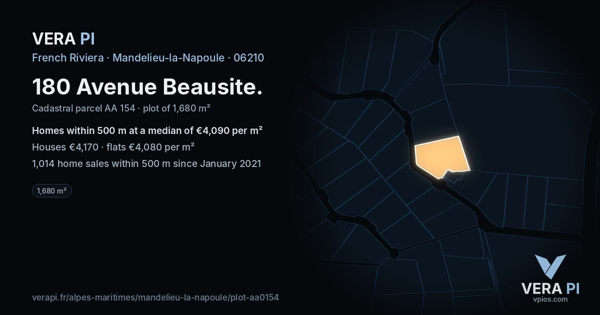 180 Avenue Beausite, Mandelieu-la-Napoule at night – the plot lit, the parcels around coloured by the prices near them