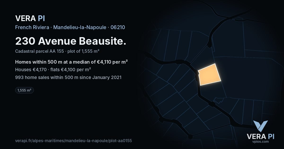 230 Avenue Beausite, Mandelieu-la-Napoule at night – the plot lit, the parcels around coloured by the prices near them