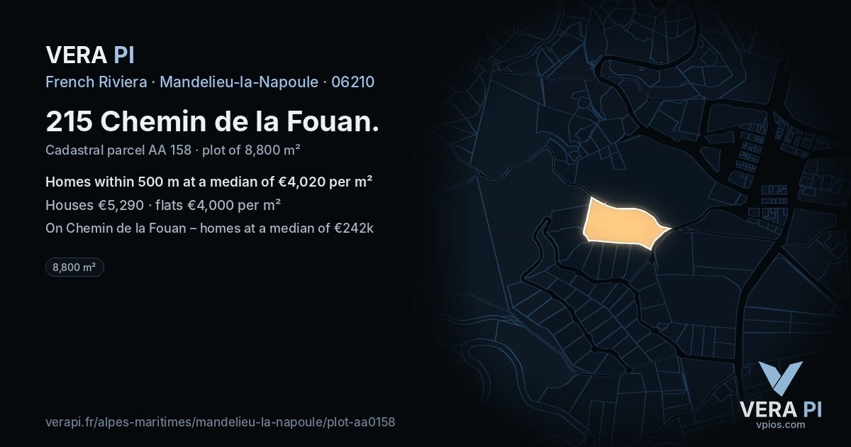 215 Chemin de la Fouan, Mandelieu-la-Napoule at night – the plot lit, the parcels around coloured by the prices near them