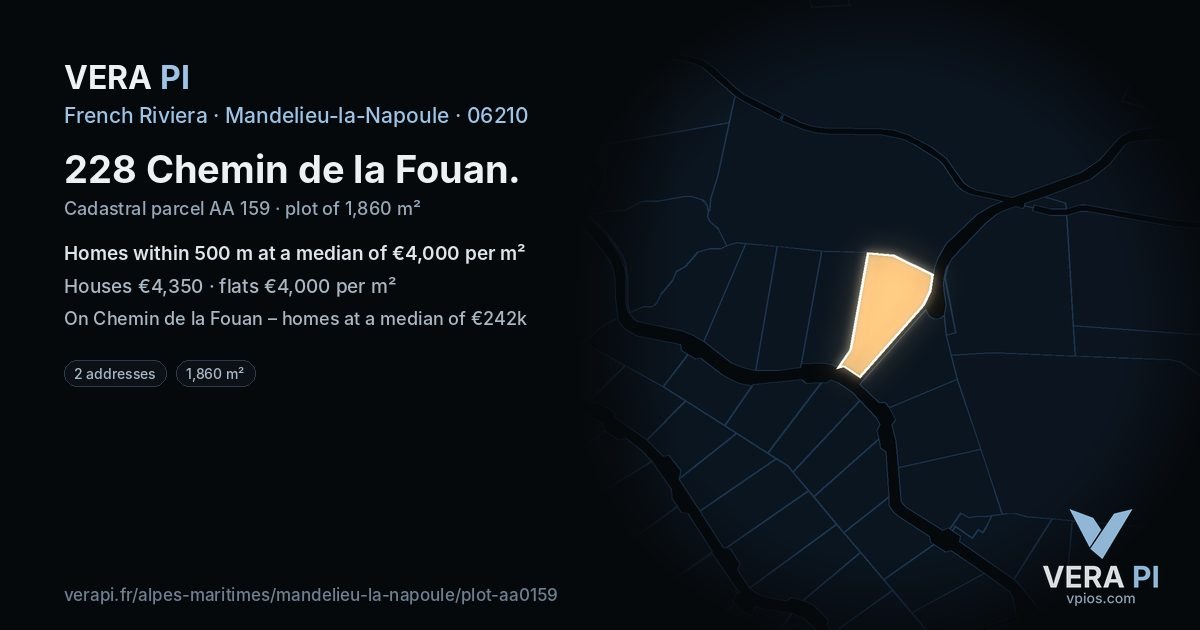 228 Chemin de la Fouan, Mandelieu-la-Napoule at night – the plot lit, the parcels around coloured by the prices near them