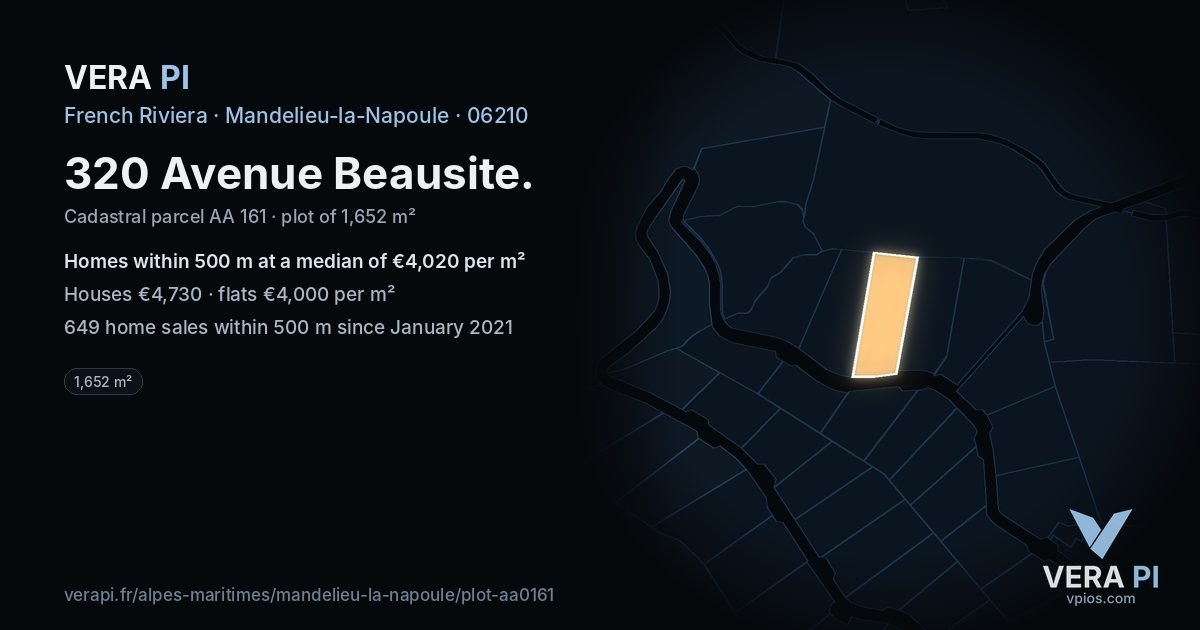 320 Avenue Beausite, Mandelieu-la-Napoule at night – the plot lit, the parcels around coloured by the prices near them