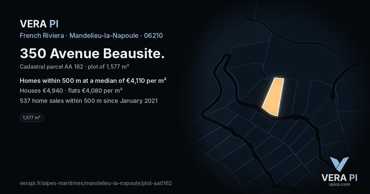 350 Avenue Beausite, Mandelieu-la-Napoule at night – the plot lit, the parcels around coloured by the prices near them