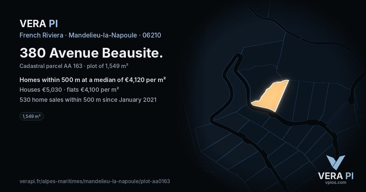 380 Avenue Beausite, Mandelieu-la-Napoule at night – the plot lit, the parcels around coloured by the prices near them