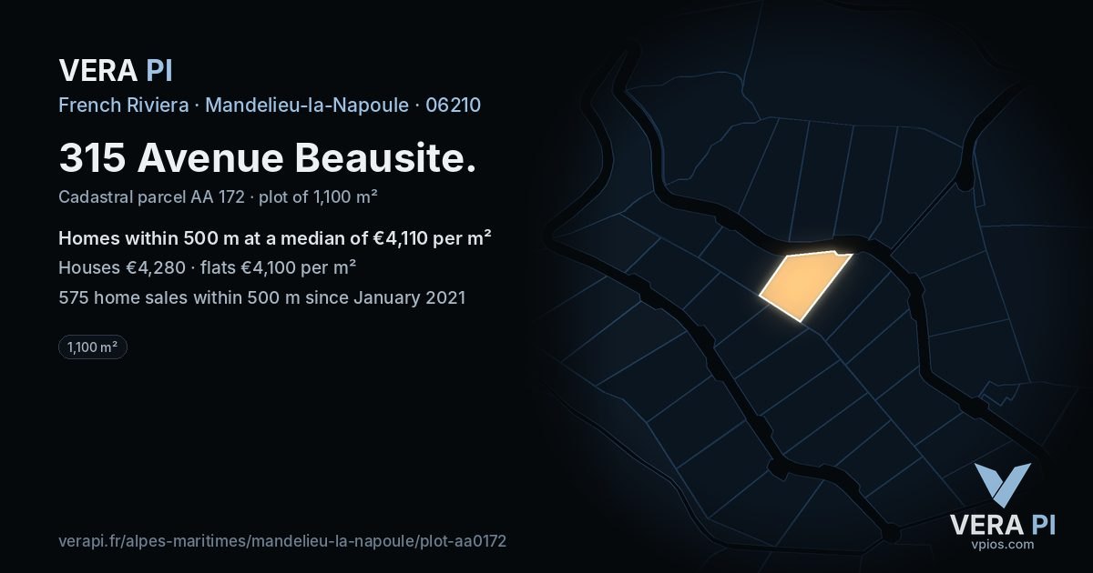 315 Avenue Beausite, Mandelieu-la-Napoule at night – the plot lit, the parcels around coloured by the prices near them