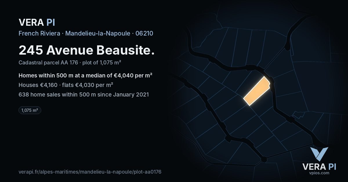 245 Avenue Beausite, Mandelieu-la-Napoule at night – the plot lit, the parcels around coloured by the prices near them