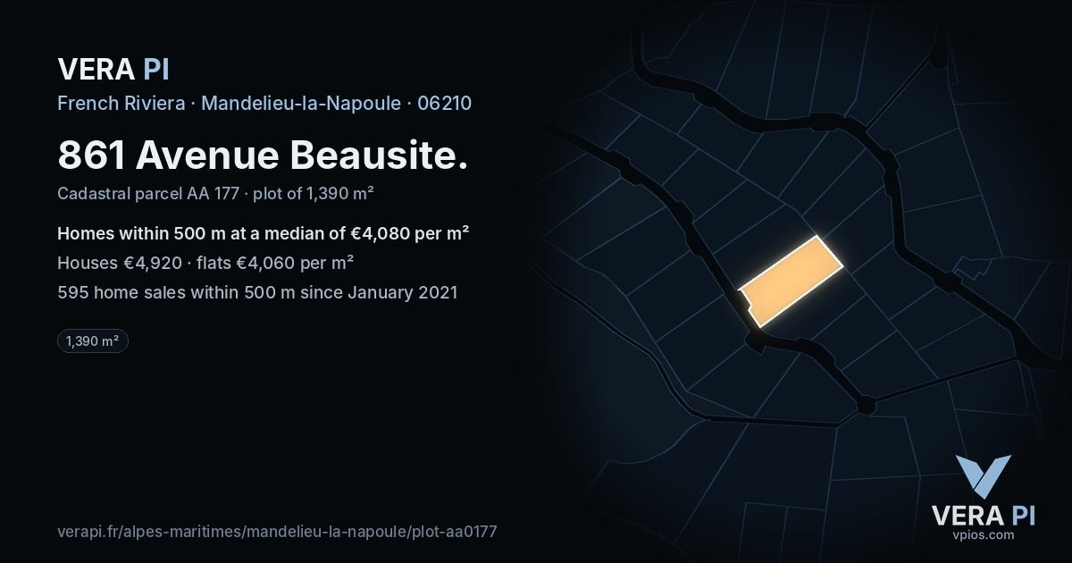 861 Avenue Beausite, Mandelieu-la-Napoule at night – the plot lit, the parcels around coloured by the prices near them