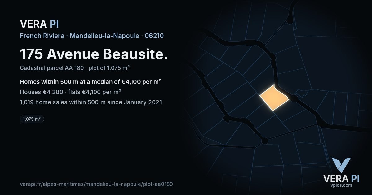 175 Avenue Beausite, Mandelieu-la-Napoule at night – the plot lit, the parcels around coloured by the prices near them