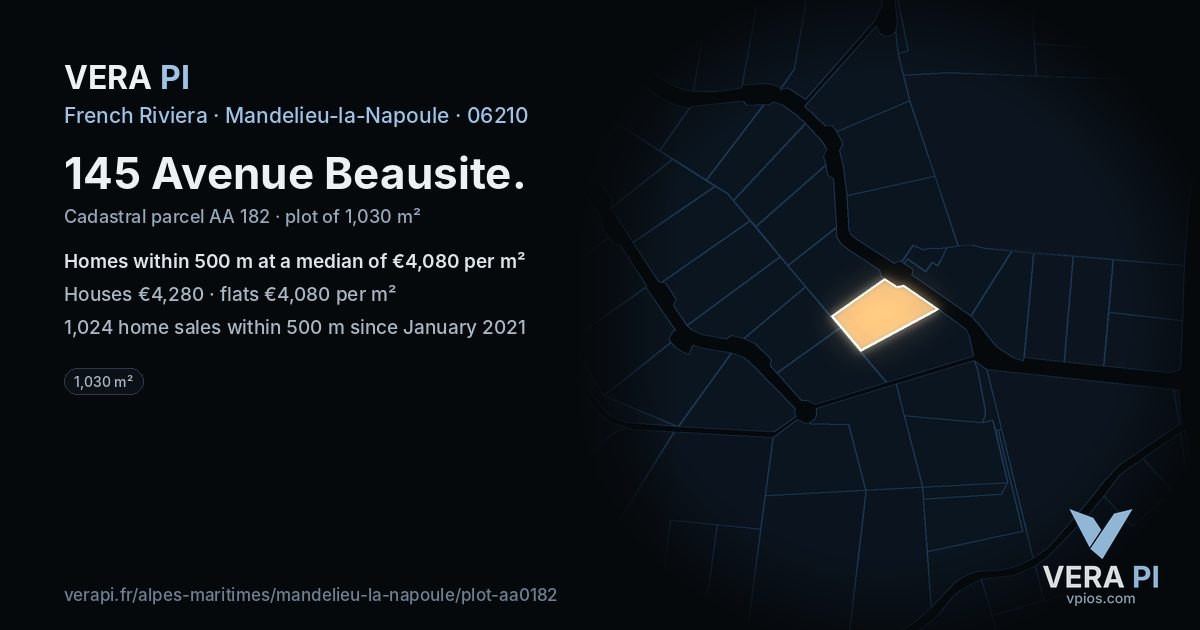 145 Avenue Beausite, Mandelieu-la-Napoule at night – the plot lit, the parcels around coloured by the prices near them
