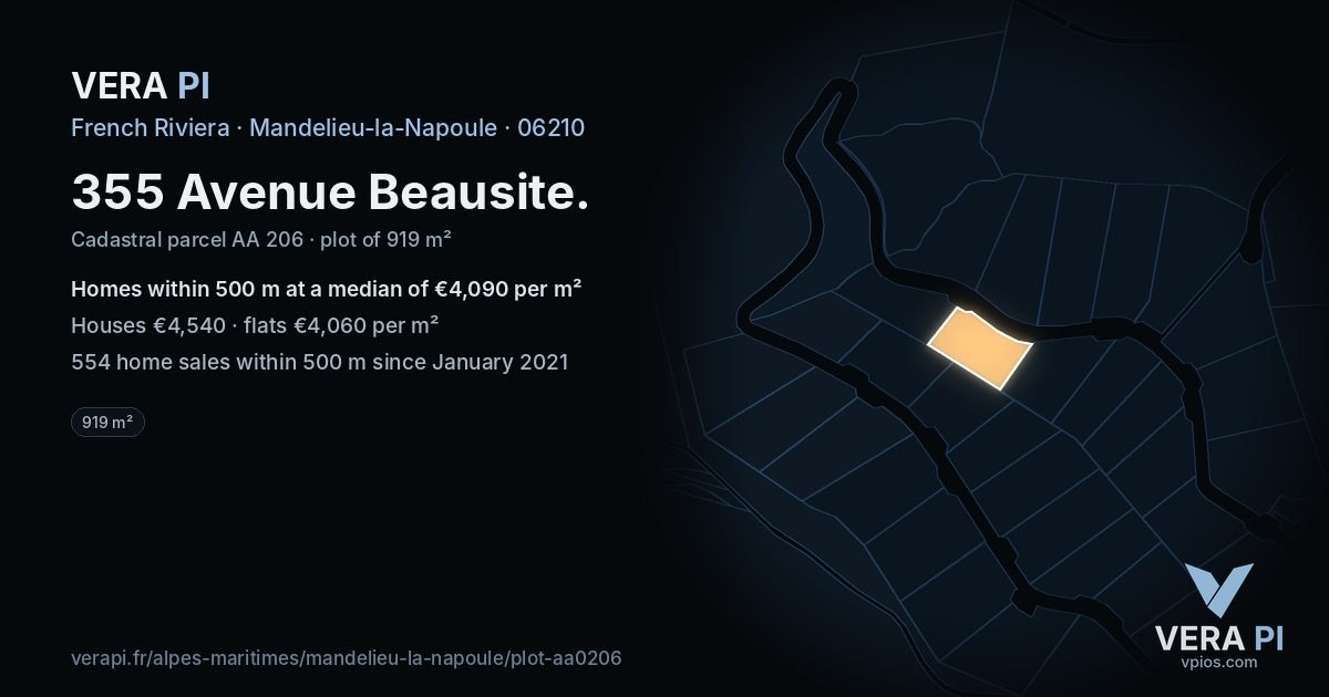 355 Avenue Beausite, Mandelieu-la-Napoule at night – the plot lit, the parcels around coloured by the prices near them