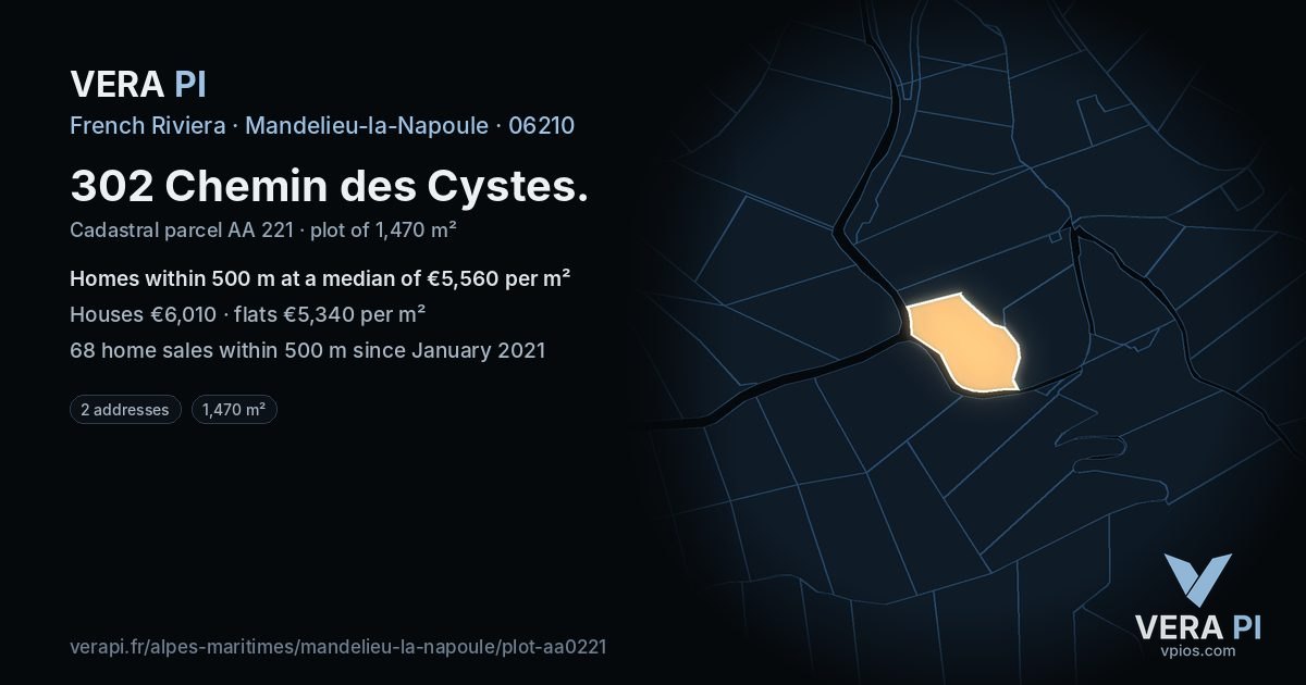 302 Chemin des Cystes, Mandelieu-la-Napoule at night – the plot lit, the parcels around coloured by the prices near them
