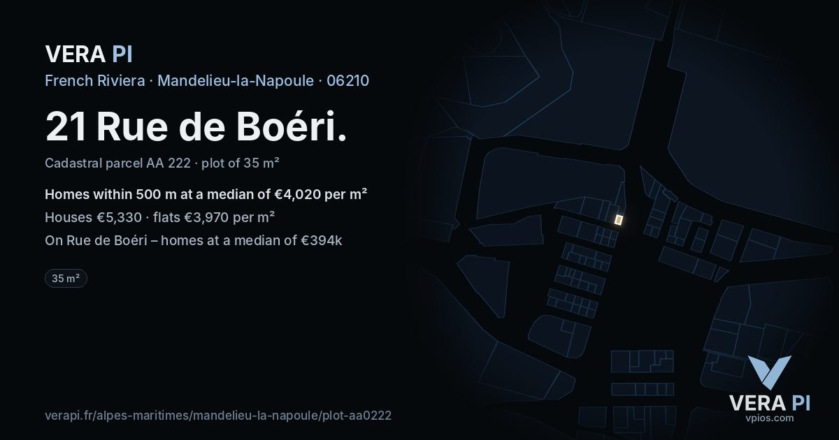 21 Rue de Boéri, Mandelieu-la-Napoule at night – the plot lit, the parcels around coloured by the prices near them