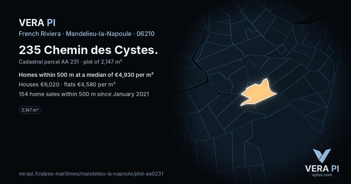 235 Chemin des Cystes, Mandelieu-la-Napoule at night – the plot lit, the parcels around coloured by the prices near them