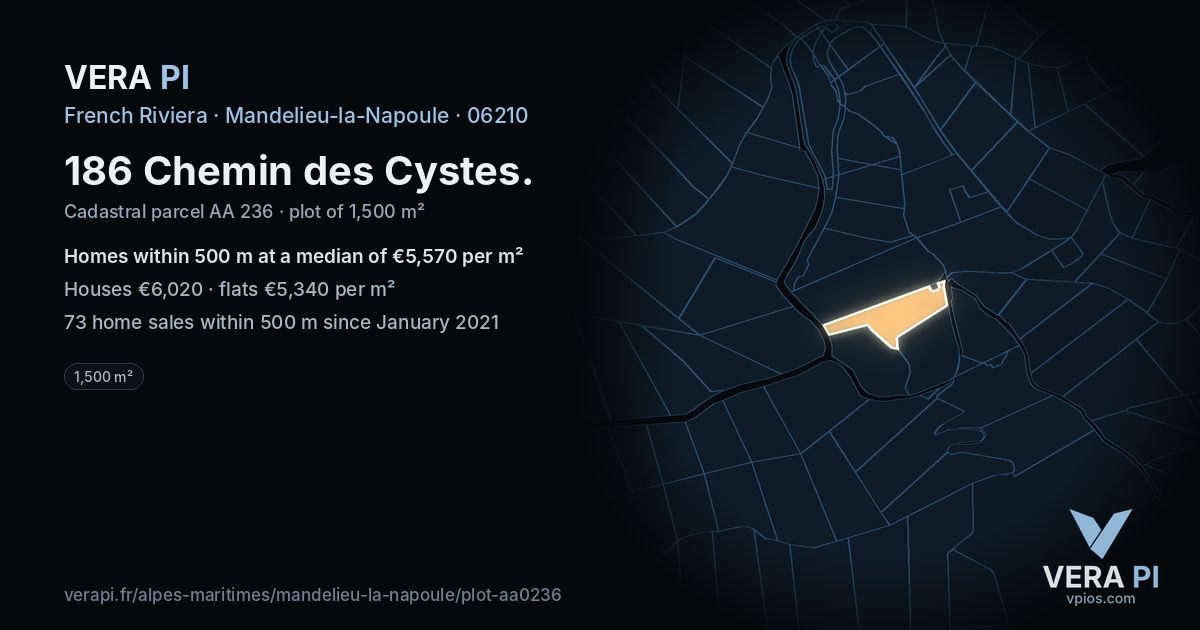 186 Chemin des Cystes, Mandelieu-la-Napoule at night – the plot lit, the parcels around coloured by the prices near them