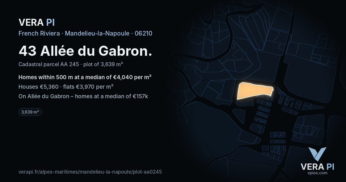 43 Allée du Gabron, Mandelieu-la-Napoule at night – the plot lit, the parcels around coloured by the prices near them