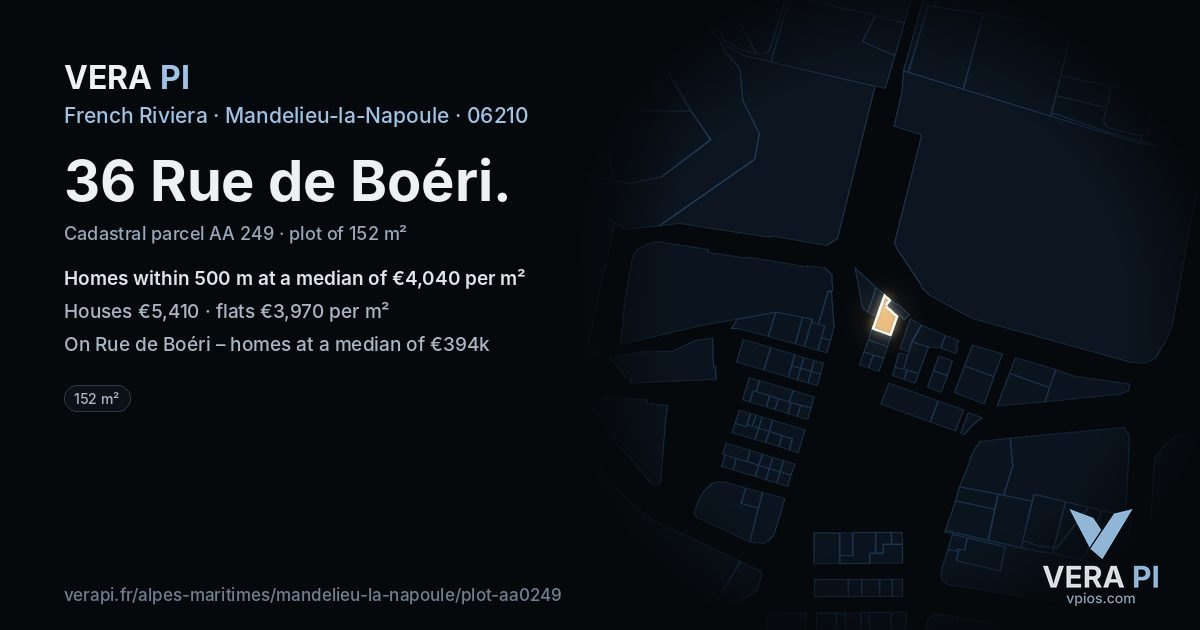 36 Rue de Boéri, Mandelieu-la-Napoule at night – the plot lit, the parcels around coloured by the prices near them
