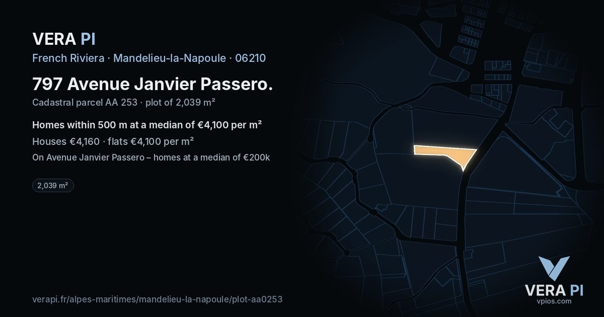 797 Avenue Janvier Passero, Mandelieu-la-Napoule at night – the plot lit, the parcels around coloured by the prices near them