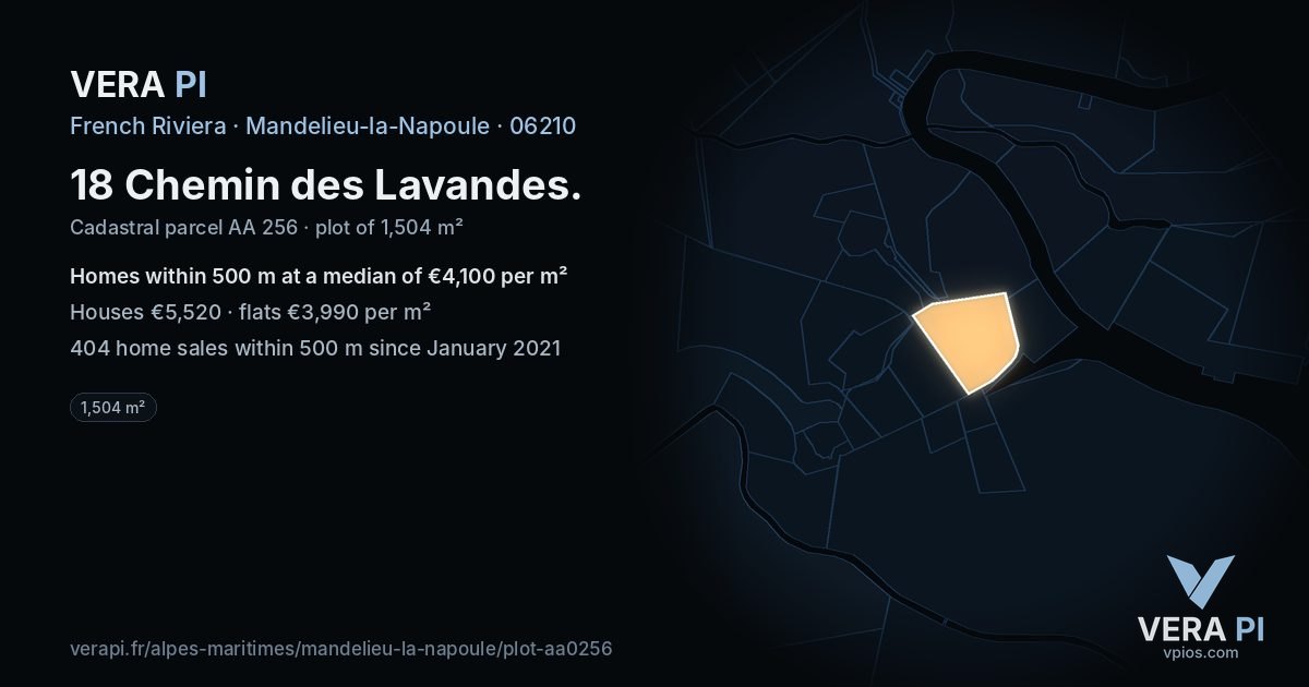 18 Chemin des Lavandes, Mandelieu-la-Napoule at night – the plot lit, the parcels around coloured by the prices near them