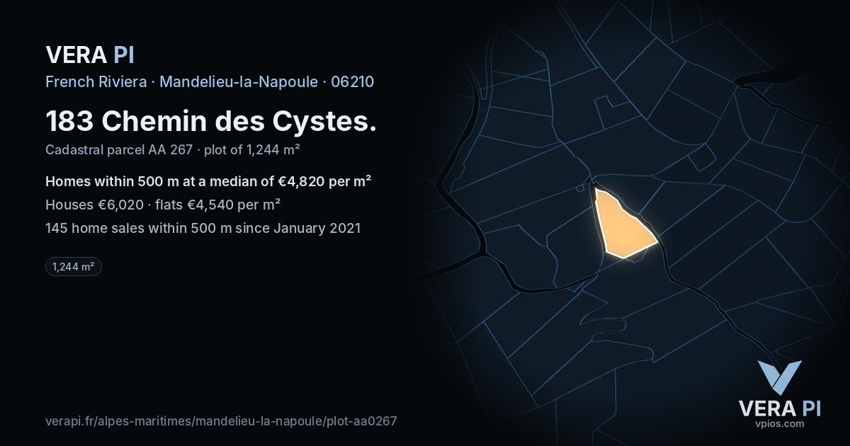 183 Chemin des Cystes, Mandelieu-la-Napoule at night – the plot lit, the parcels around coloured by the prices near them