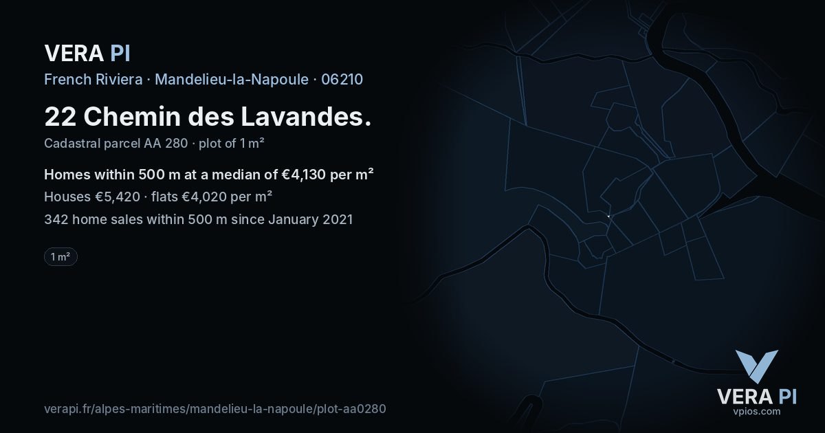 22 Chemin des Lavandes, Mandelieu-la-Napoule at night – the plot lit, the parcels around coloured by the prices near them