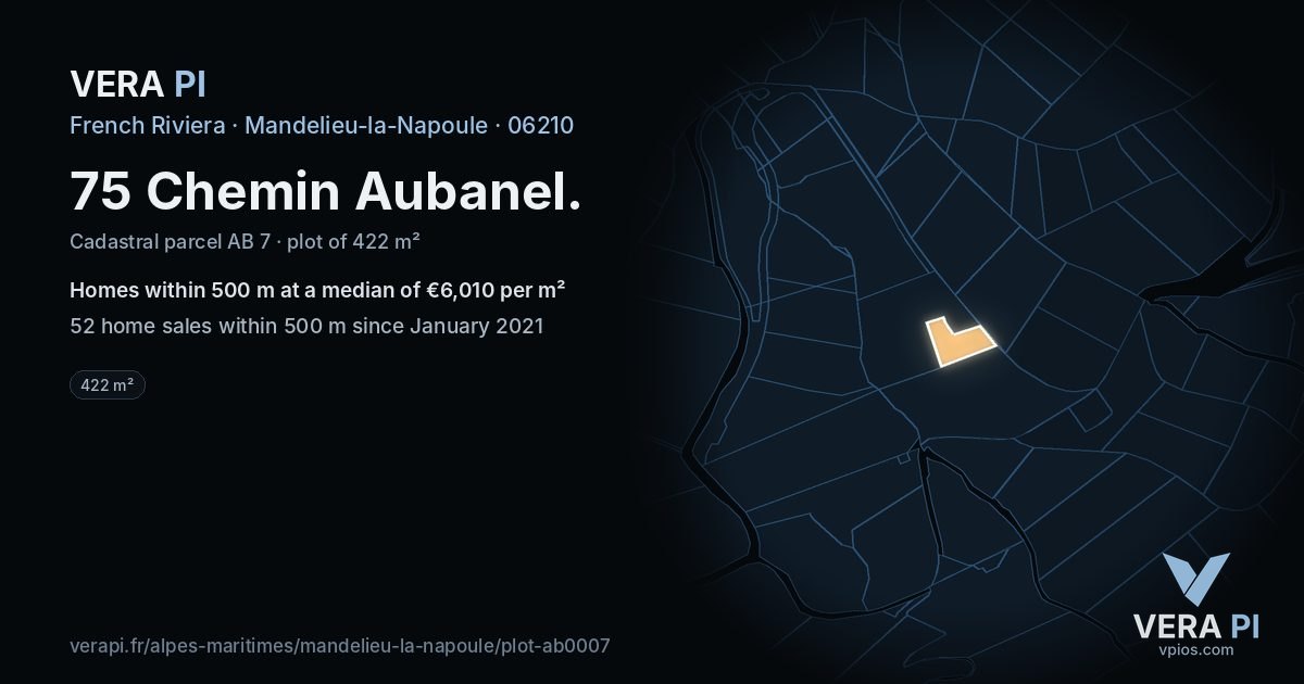 75 Chemin Aubanel, Mandelieu-la-Napoule at night – the plot lit, the parcels around coloured by the prices near them