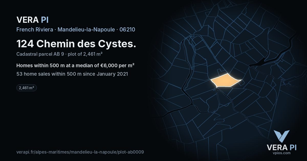 124 Chemin des Cystes, Mandelieu-la-Napoule at night – the plot lit, the parcels around coloured by the prices near them