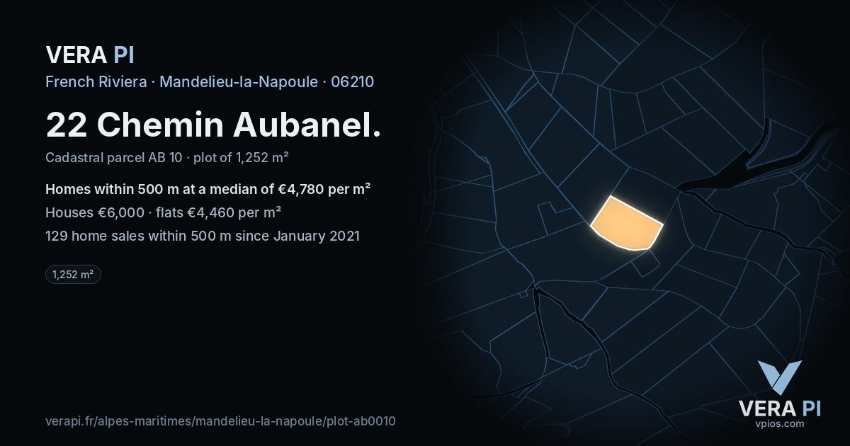 22 Chemin Aubanel, Mandelieu-la-Napoule at night – the plot lit, the parcels around coloured by the prices near them