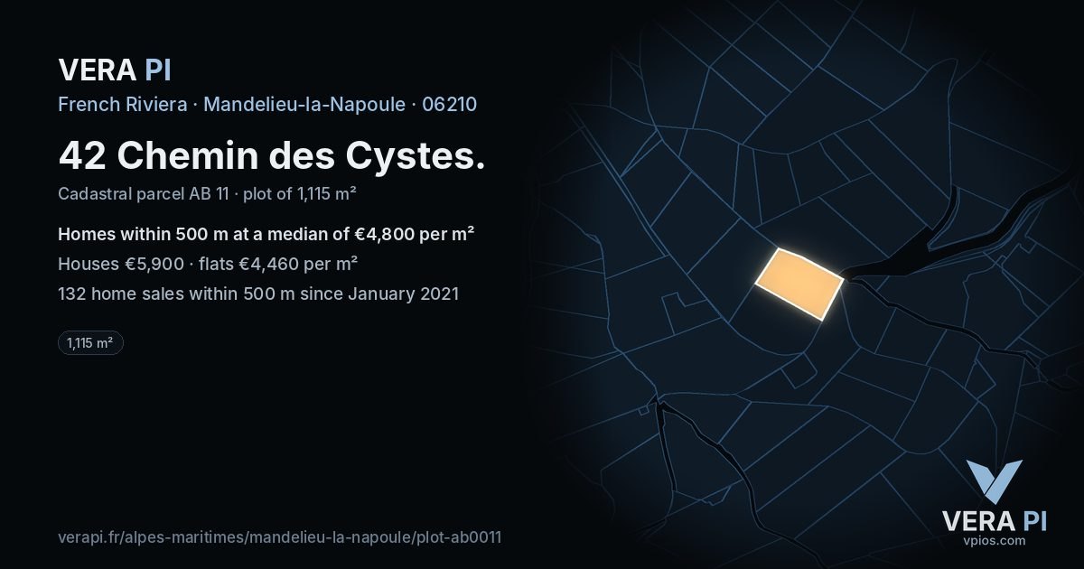 42 Chemin des Cystes, Mandelieu-la-Napoule at night – the plot lit, the parcels around coloured by the prices near them
