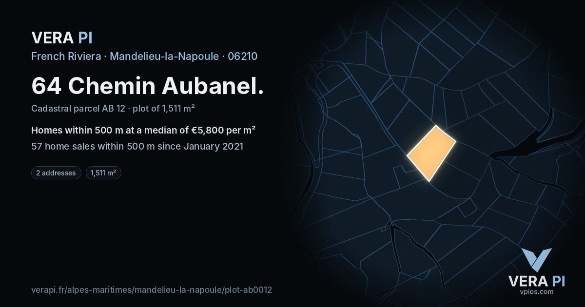 64 Chemin Aubanel, Mandelieu-la-Napoule at night – the plot lit, the parcels around coloured by the prices near them