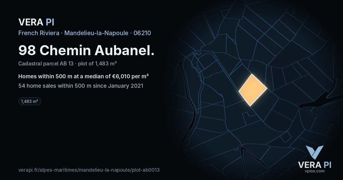 98 Chemin Aubanel, Mandelieu-la-Napoule at night – the plot lit, the parcels around coloured by the prices near them