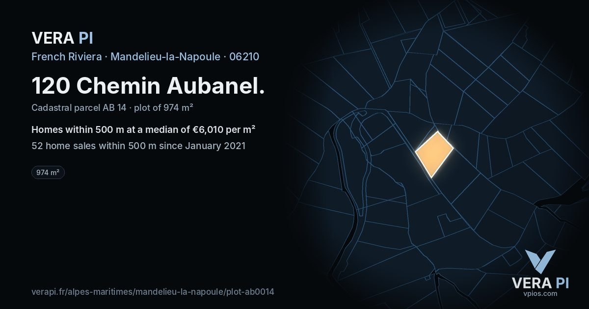 120 Chemin Aubanel, Mandelieu-la-Napoule at night – the plot lit, the parcels around coloured by the prices near them