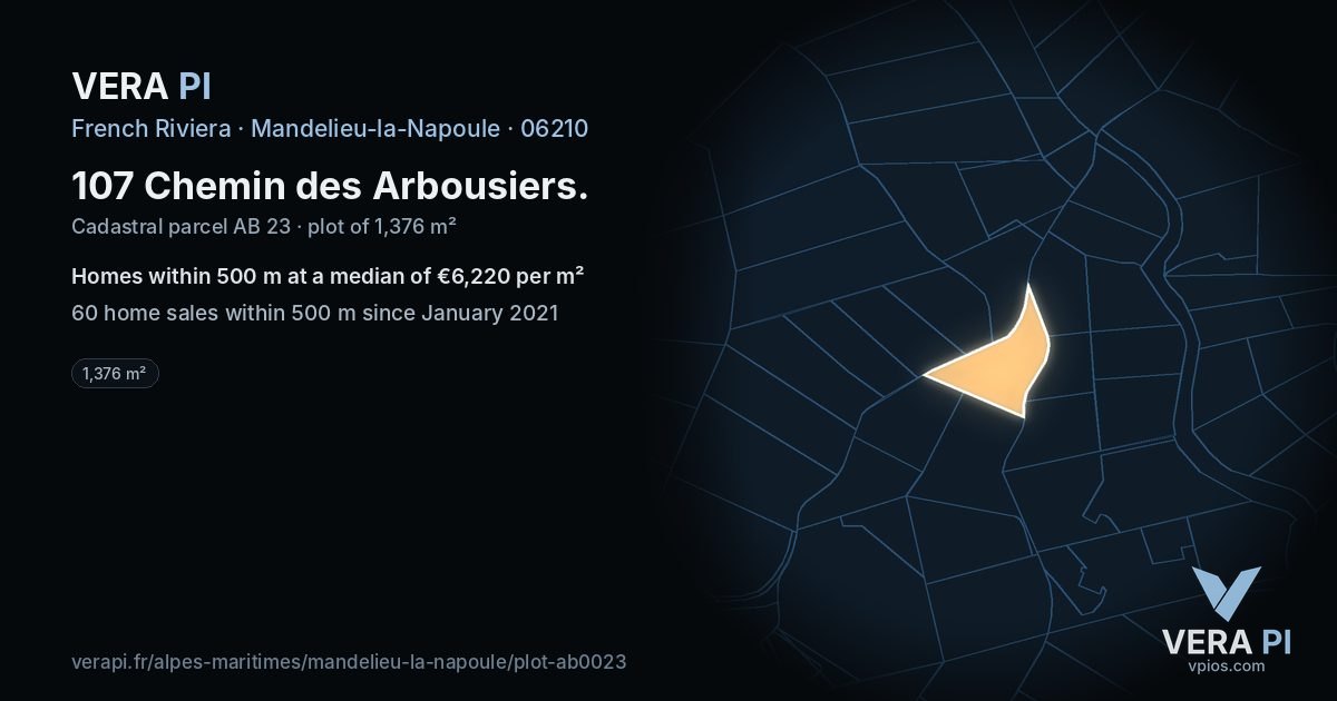 107 Chemin des Arbousiers, Mandelieu-la-Napoule at night – the plot lit, the parcels around coloured by the prices near them