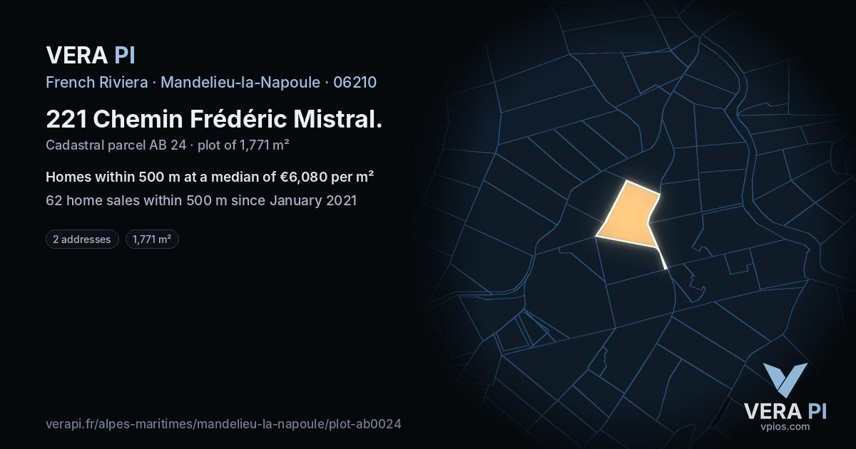 221 Chemin Frédéric Mistral, Mandelieu-la-Napoule at night – the plot lit, the parcels around coloured by the prices near them