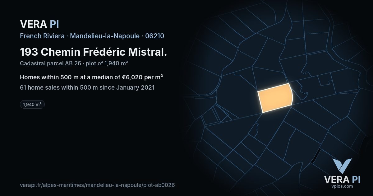 193 Chemin Frédéric Mistral, Mandelieu-la-Napoule at night – the plot lit, the parcels around coloured by the prices near them