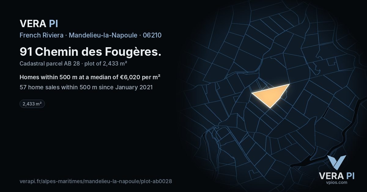 91 Chemin des Fougères, Mandelieu-la-Napoule at night – the plot lit, the parcels around coloured by the prices near them
