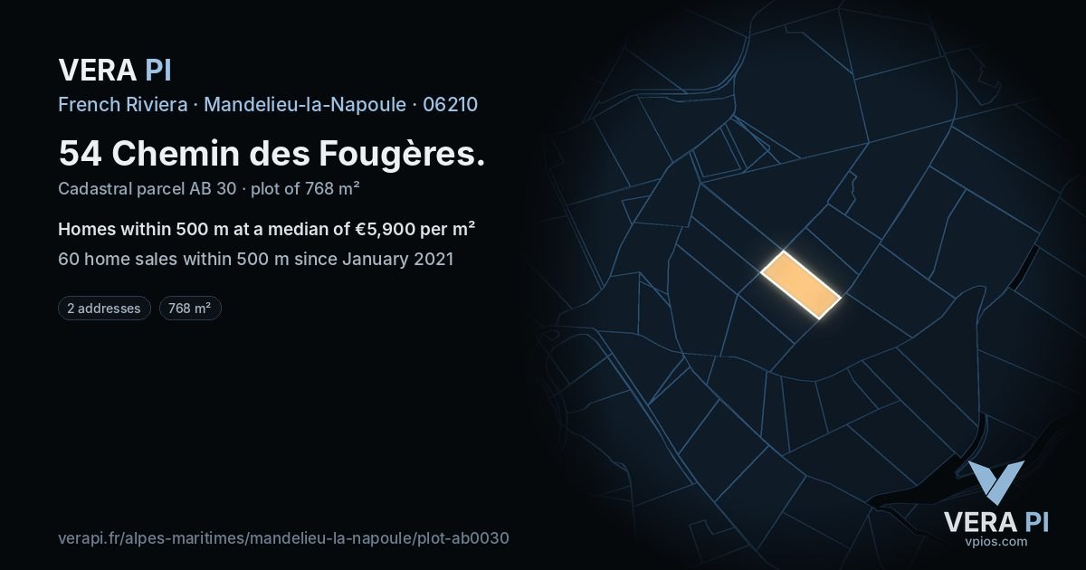 54 Chemin des Fougères, Mandelieu-la-Napoule at night – the plot lit, the parcels around coloured by the prices near them