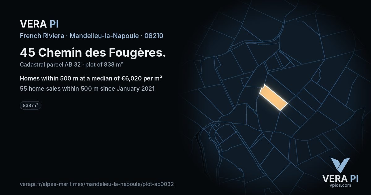 45 Chemin des Fougères, Mandelieu-la-Napoule at night – the plot lit, the parcels around coloured by the prices near them
