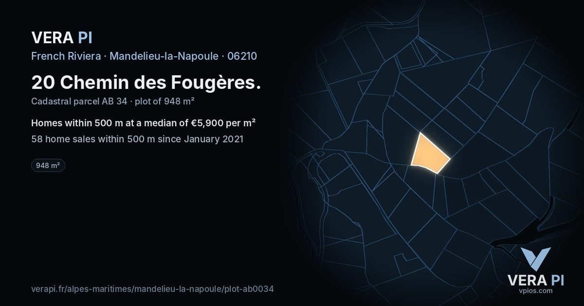 20 Chemin des Fougères, Mandelieu-la-Napoule at night – the plot lit, the parcels around coloured by the prices near them