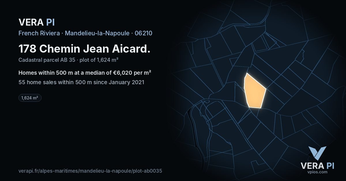 178 Chemin Jean Aicard, Mandelieu-la-Napoule at night – the plot lit, the parcels around coloured by the prices near them