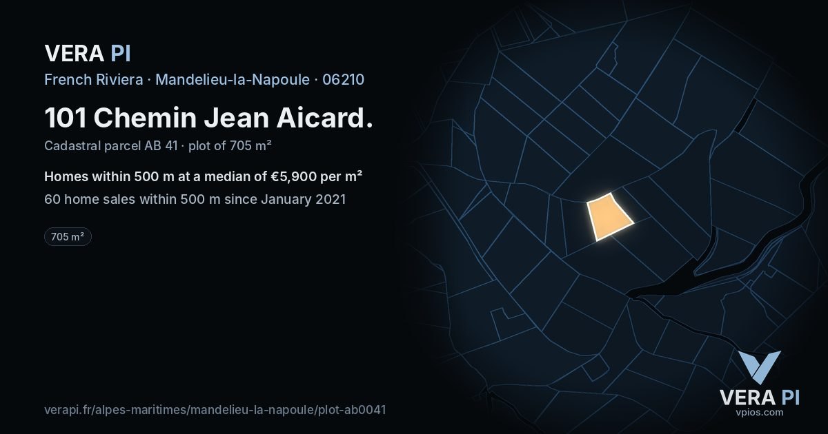 101 Chemin Jean Aicard, Mandelieu-la-Napoule at night – the plot lit, the parcels around coloured by the prices near them