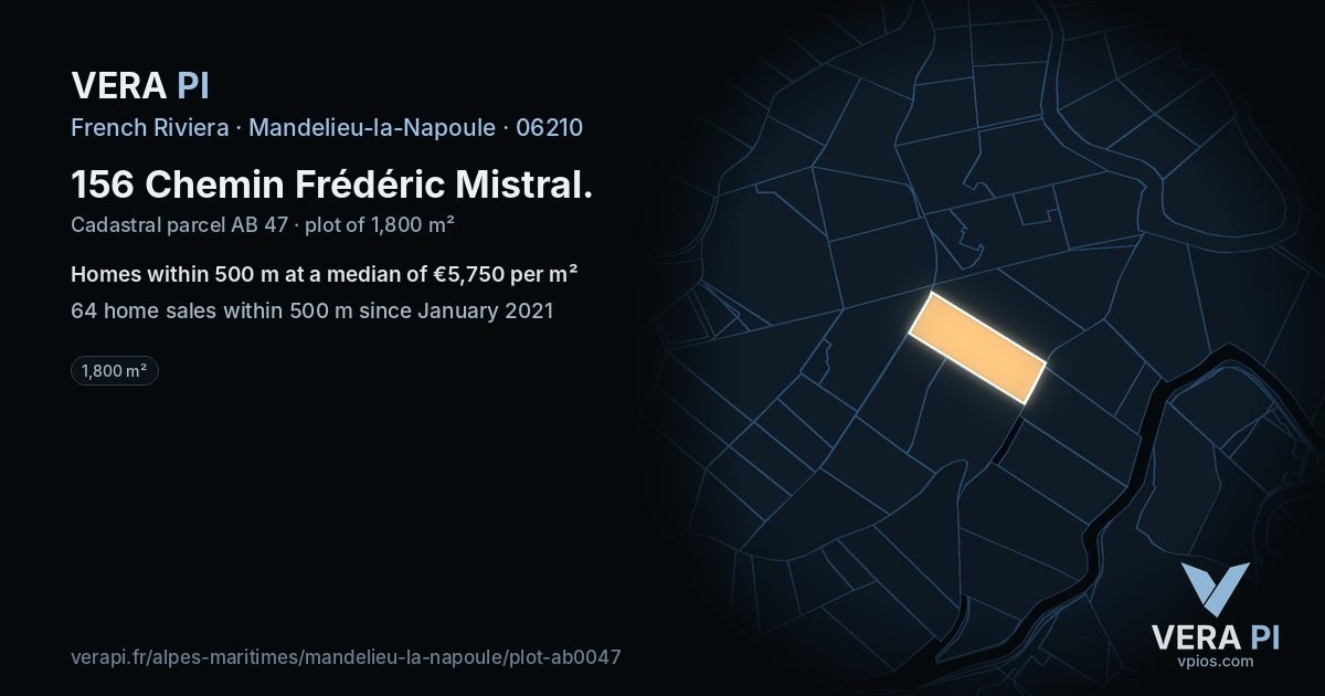 156 Chemin Frédéric Mistral, Mandelieu-la-Napoule at night – the plot lit, the parcels around coloured by the prices near them