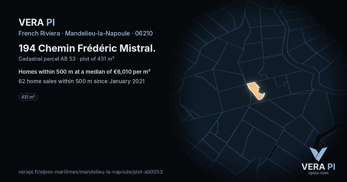 194 Chemin Frédéric Mistral, Mandelieu-la-Napoule at night – the plot lit, the parcels around coloured by the prices near them