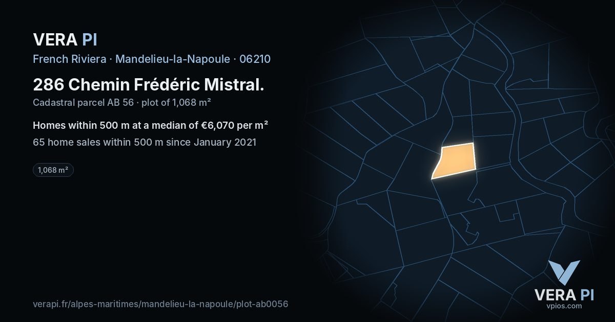 286 Chemin Frédéric Mistral, Mandelieu-la-Napoule at night – the plot lit, the parcels around coloured by the prices near them